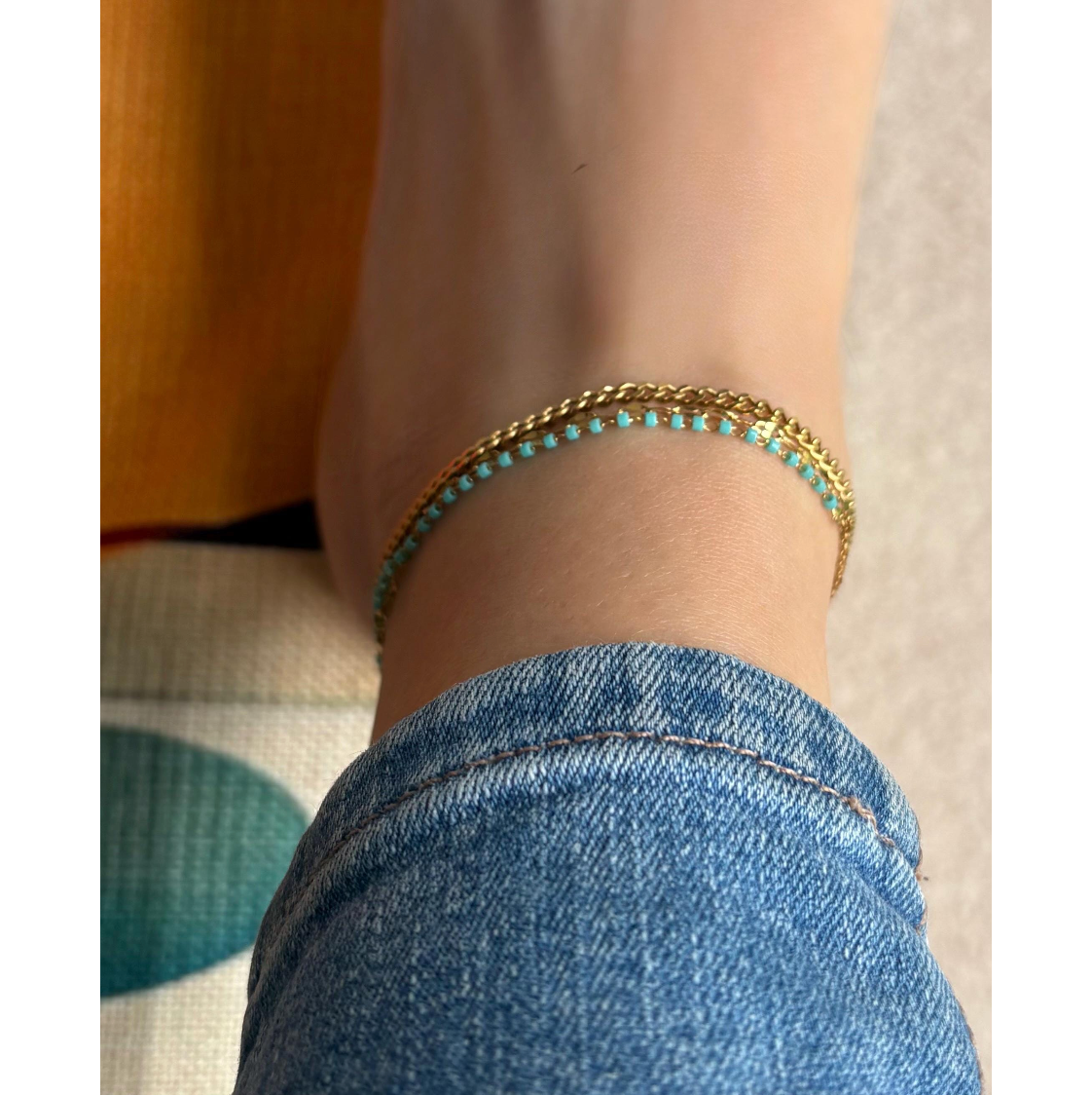 Layered Stainless Steel Anklet: Turquoise Beads, Adjustable Beach Jewelry