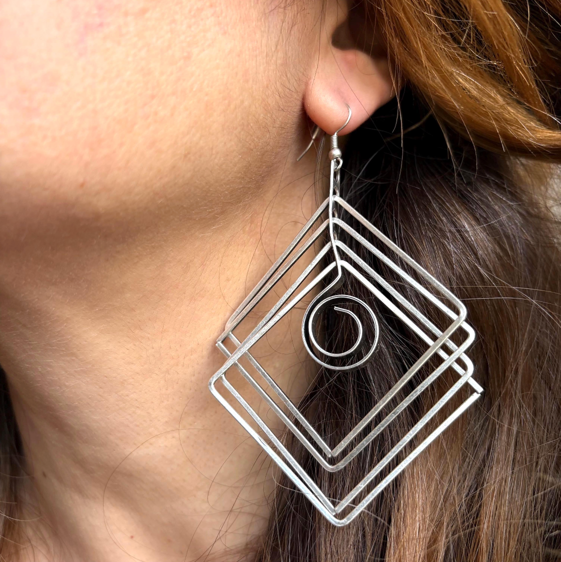 Brutalist Silver Plated Earrings, Geometric Dangle, Architectural Jewelry