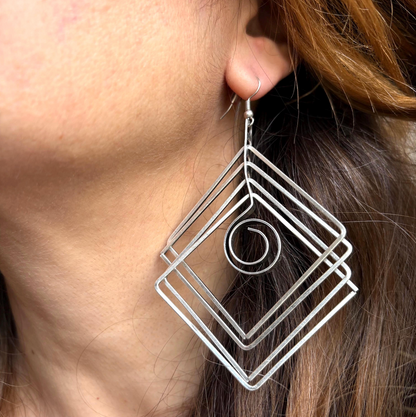 Brutalist Silver Plated Earrings, Geometric Dangle, Architectural Jewelry
