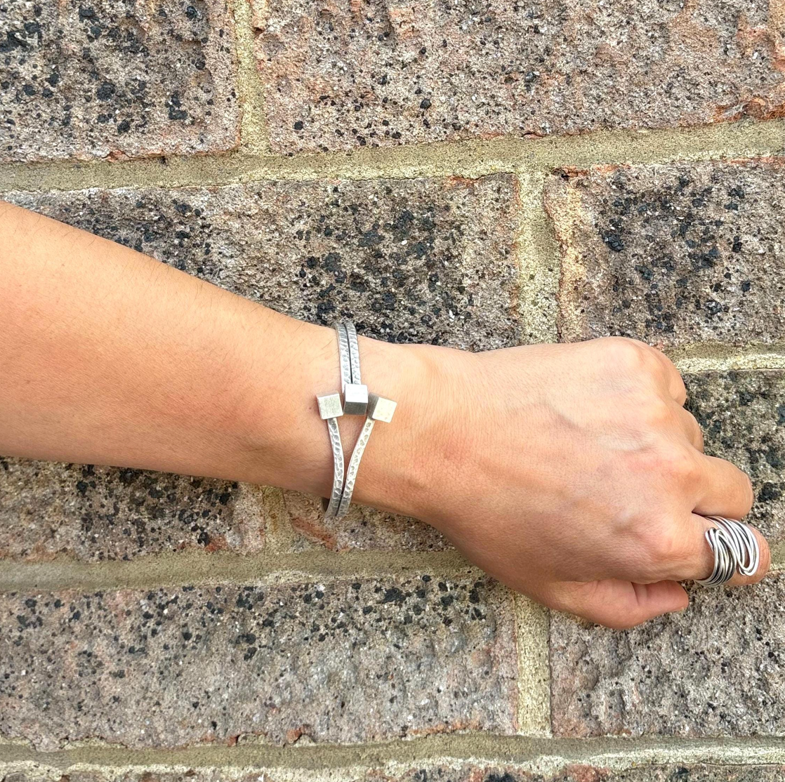 Rustic Silver Cuff Bracelet – Vintage Handmade Open Bangle with Cube Ends, Unisex Modern Jewellery