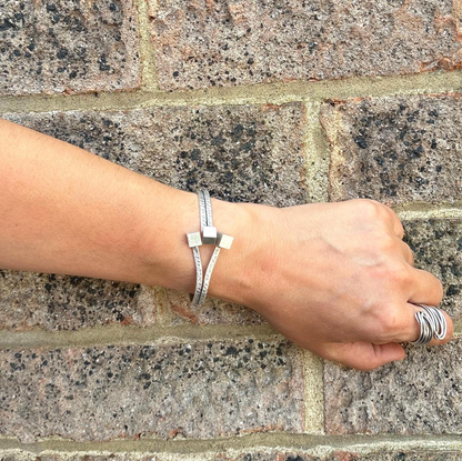 Rustic Silver Cuff Bracelet – Vintage Handmade Open Bangle with Cube Ends, Unisex Modern Jewellery