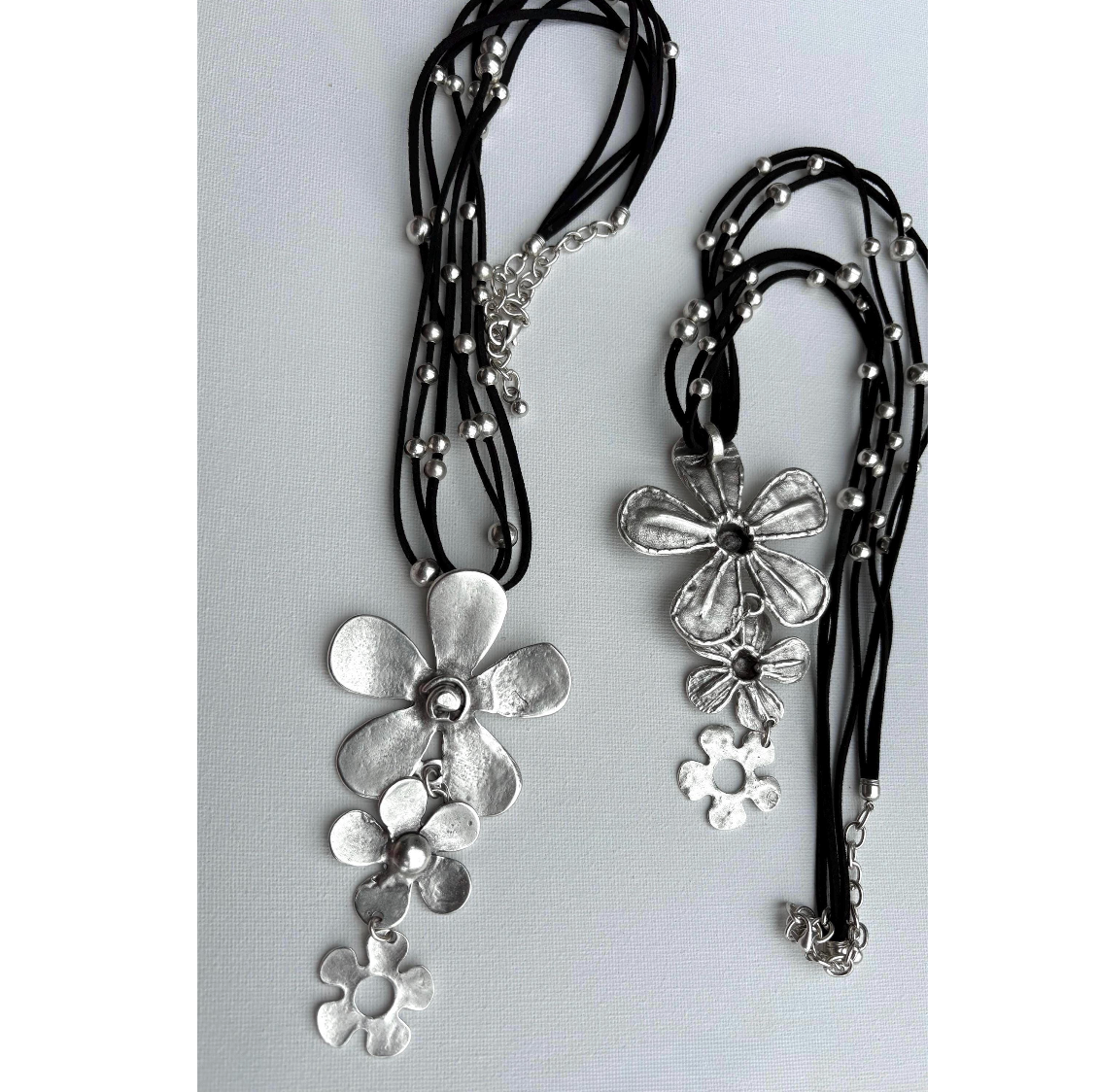 Brutalist Boho Flower Pendant Necklace, Antique Silver, Adjustable Cord