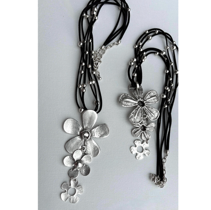 Brutalist Boho Flower Pendant Necklace, Antique Silver, Adjustable Cord