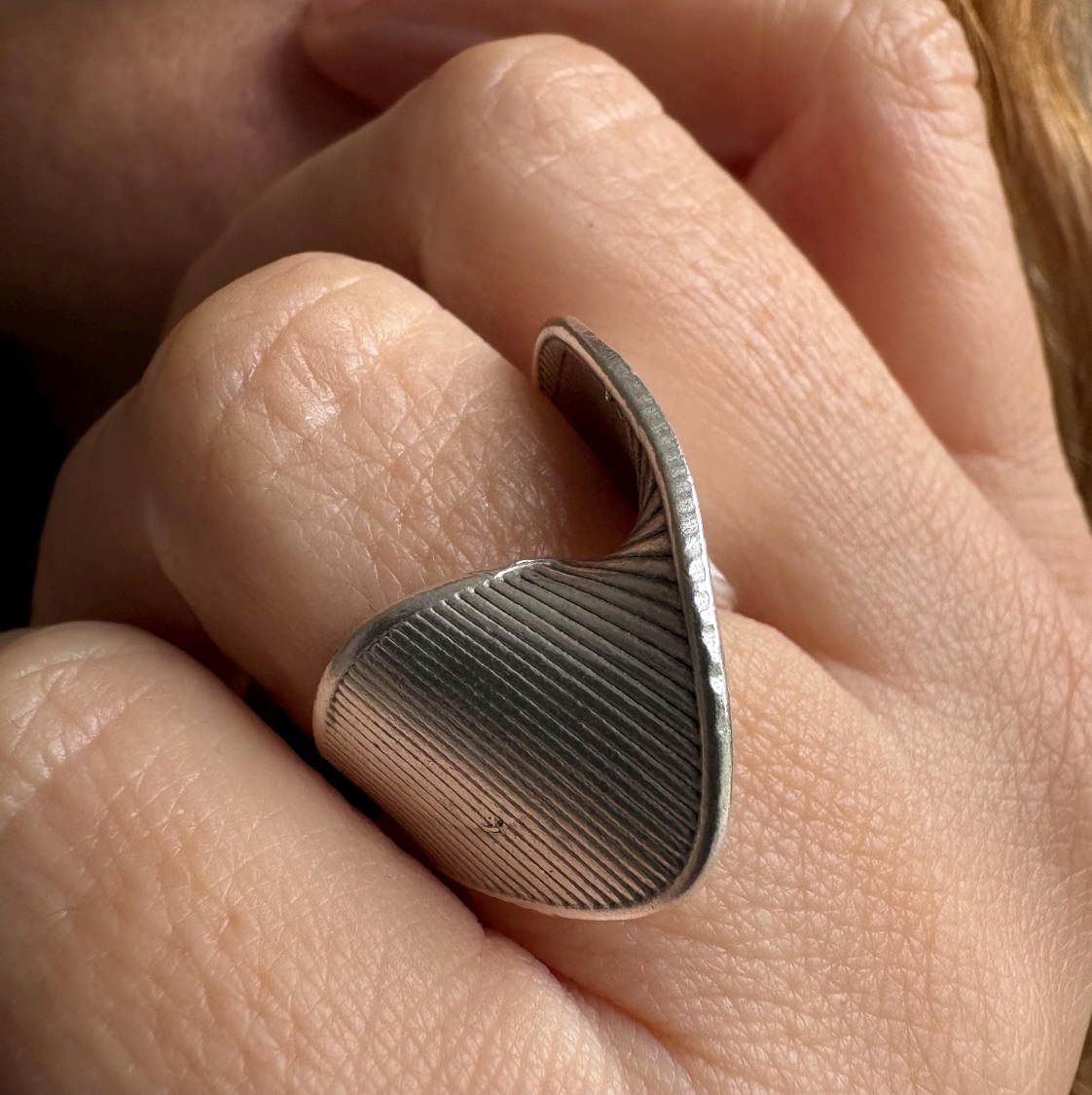 Silver Plated Brass Crossover Ring • Ribbed Geometric Adjustable Band
