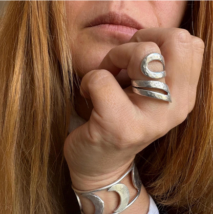 Adjustable Silver-Plated Brass Ring, Brutalist Modernist Jewelry
