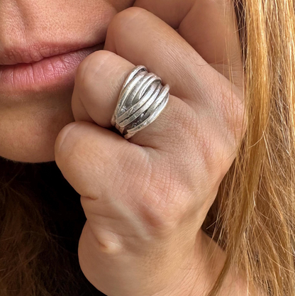 Rustic Silver Finish Brass Wrap Ring – Adjustable Organic Band
