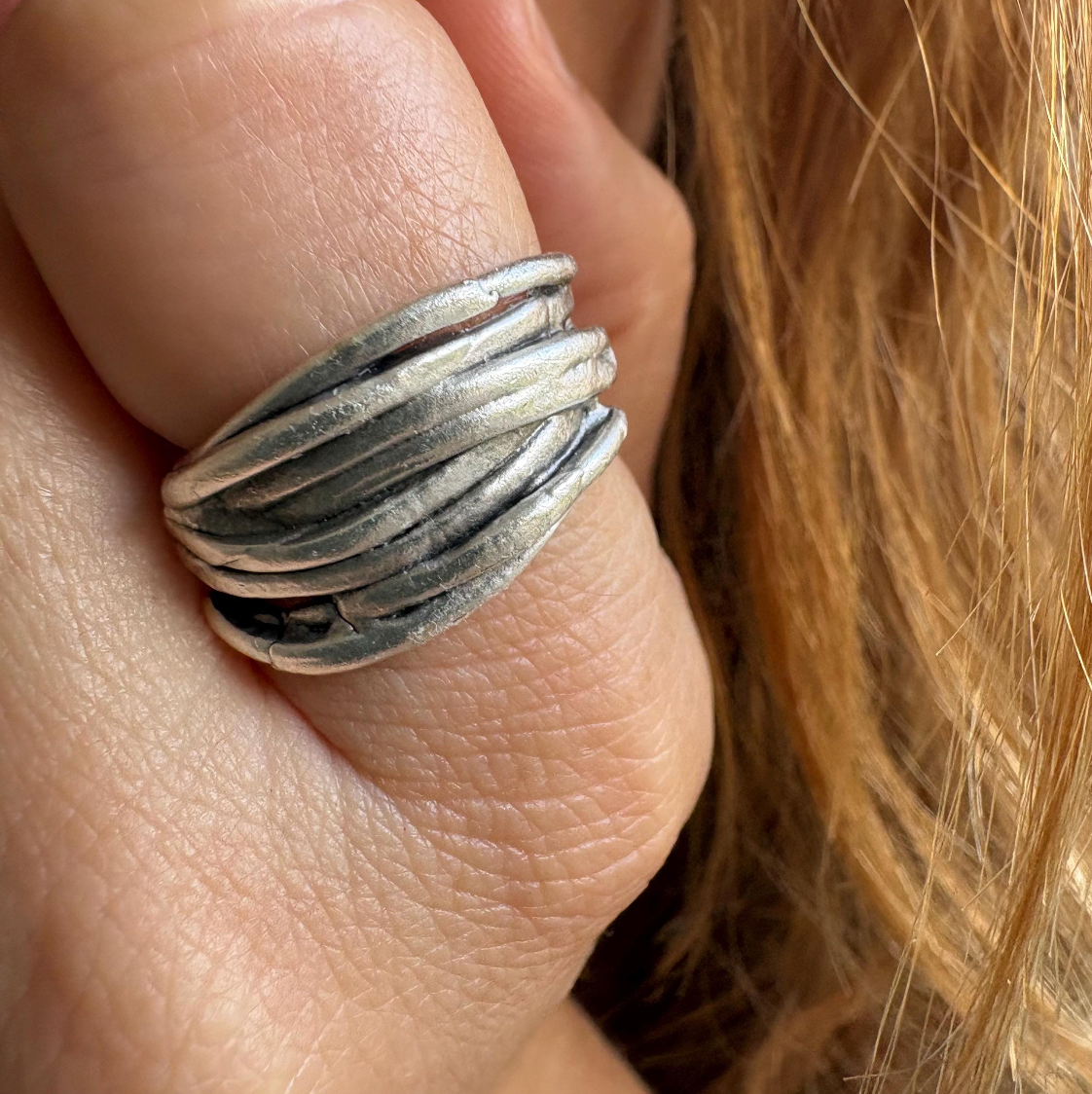 Rustic Silver Finish Brass Wrap Ring – Adjustable Organic Band