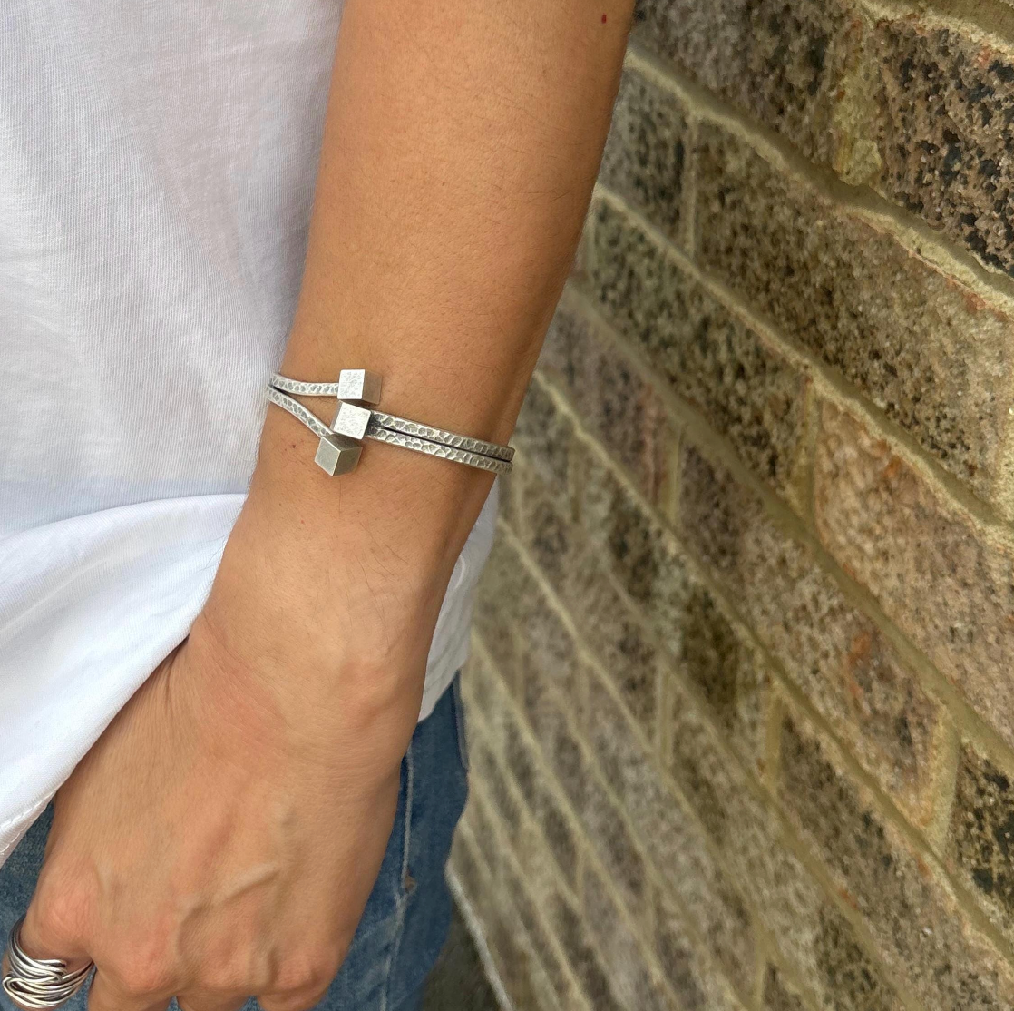 Rustic Silver Cuff Bracelet – Vintage Handmade Open Bangle with Cube Ends, Unisex Modern Jewellery