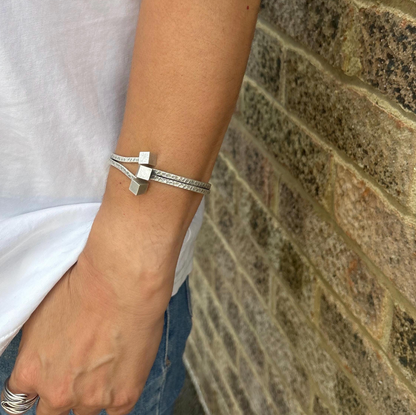 Rustic Silver Cuff Bracelet – Vintage Handmade Open Bangle with Cube Ends, Unisex Modern Jewellery