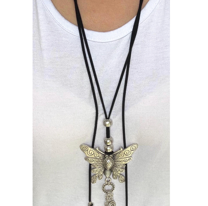 Butterfly Pendant Necklace | Boho Vintage-inspired necklace, Adjustable Long Cord Jewellery, Silver Plated Brass Jewelry