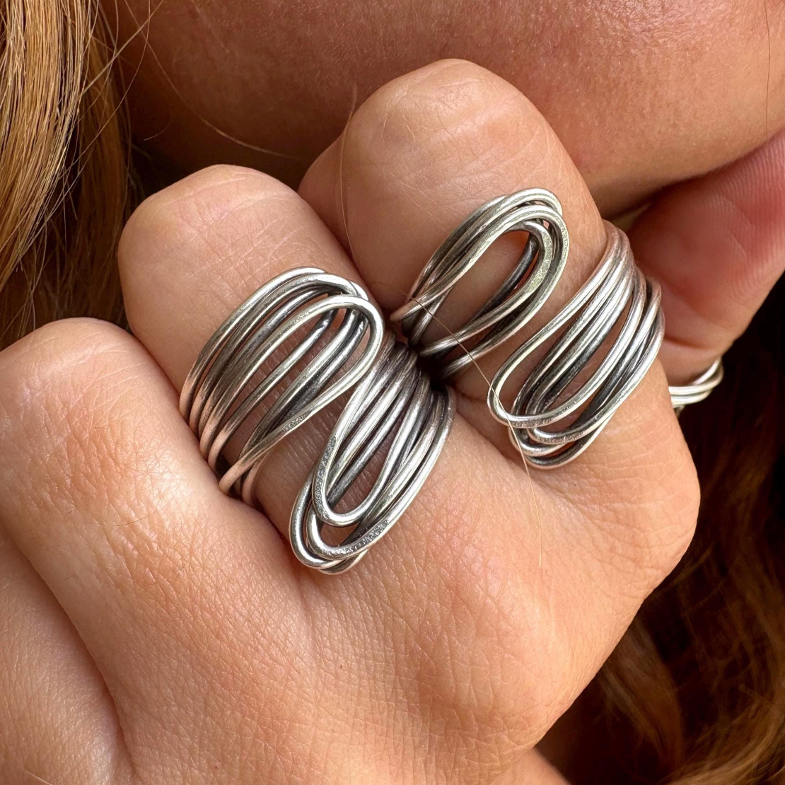 Adjustable Silver Wrap Ring with Chunky Wire Design – Gift for Her