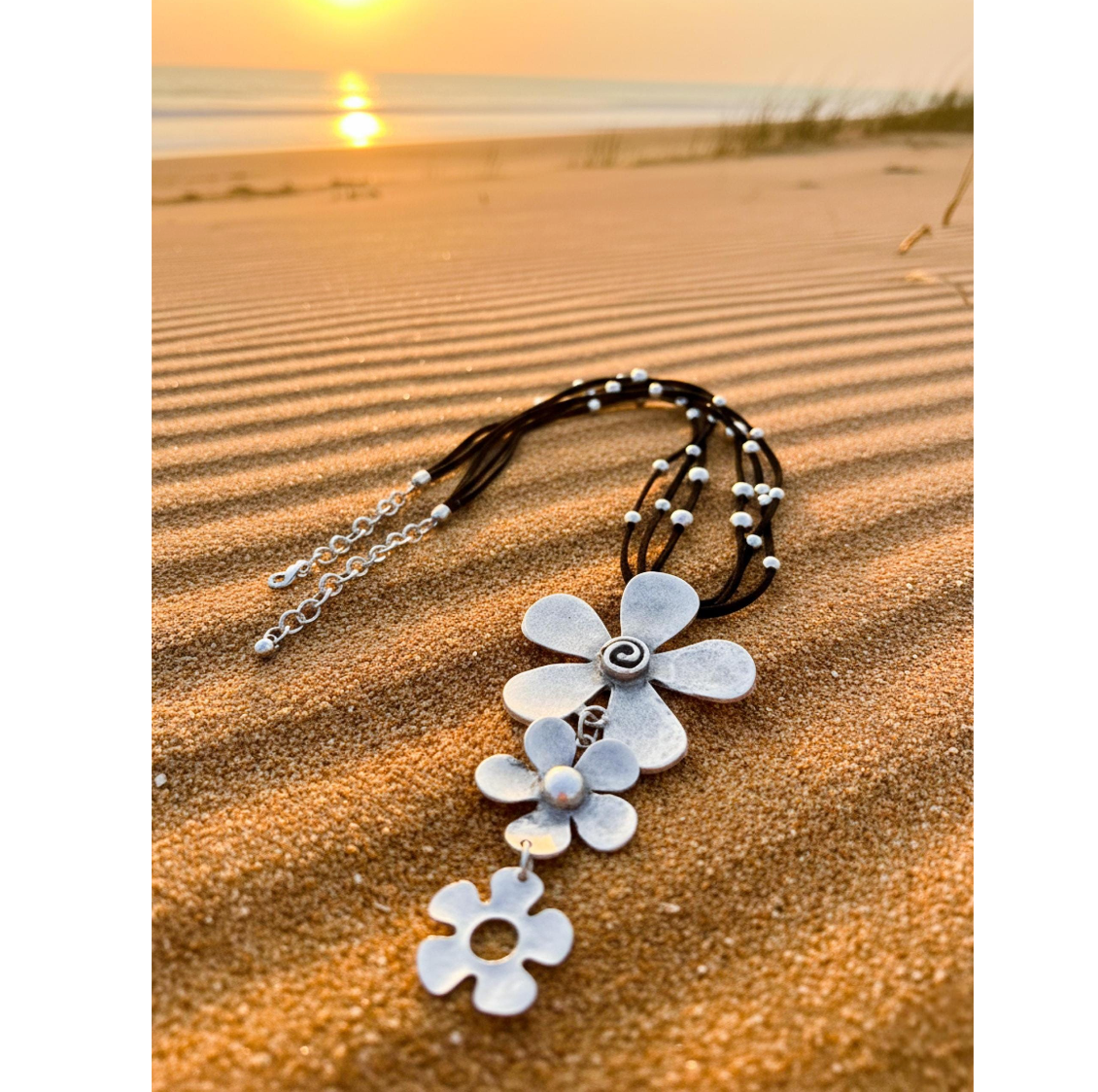 Brutalist Boho Flower Pendant Necklace, Antique Silver, Adjustable Cord