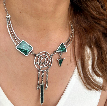 Silver Dreamcatcher Necklace, Green Enamel Boho Vintage Style Pendant, Christmas Gift for Her