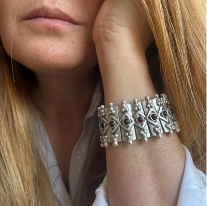 Bohemian Garnet Panel Bracelet, Silver Plated Brutalist Cuff, Gift For Her