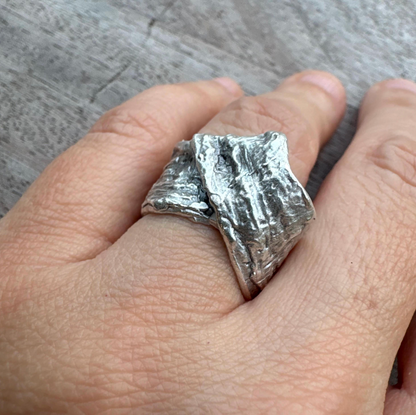 Chunky Abstract Silver Ring | Irregular Textured Lava Design | Adjustable Statement Ring