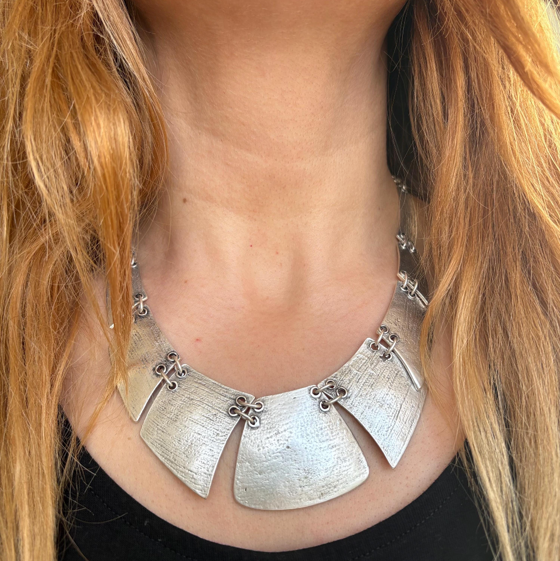 Boho Bib Necklace - Antique Silver Tone, Tribal Statement Jewelry