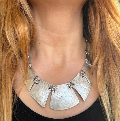 Boho Bib Necklace - Antique Silver Tone, Tribal Statement Jewelry
