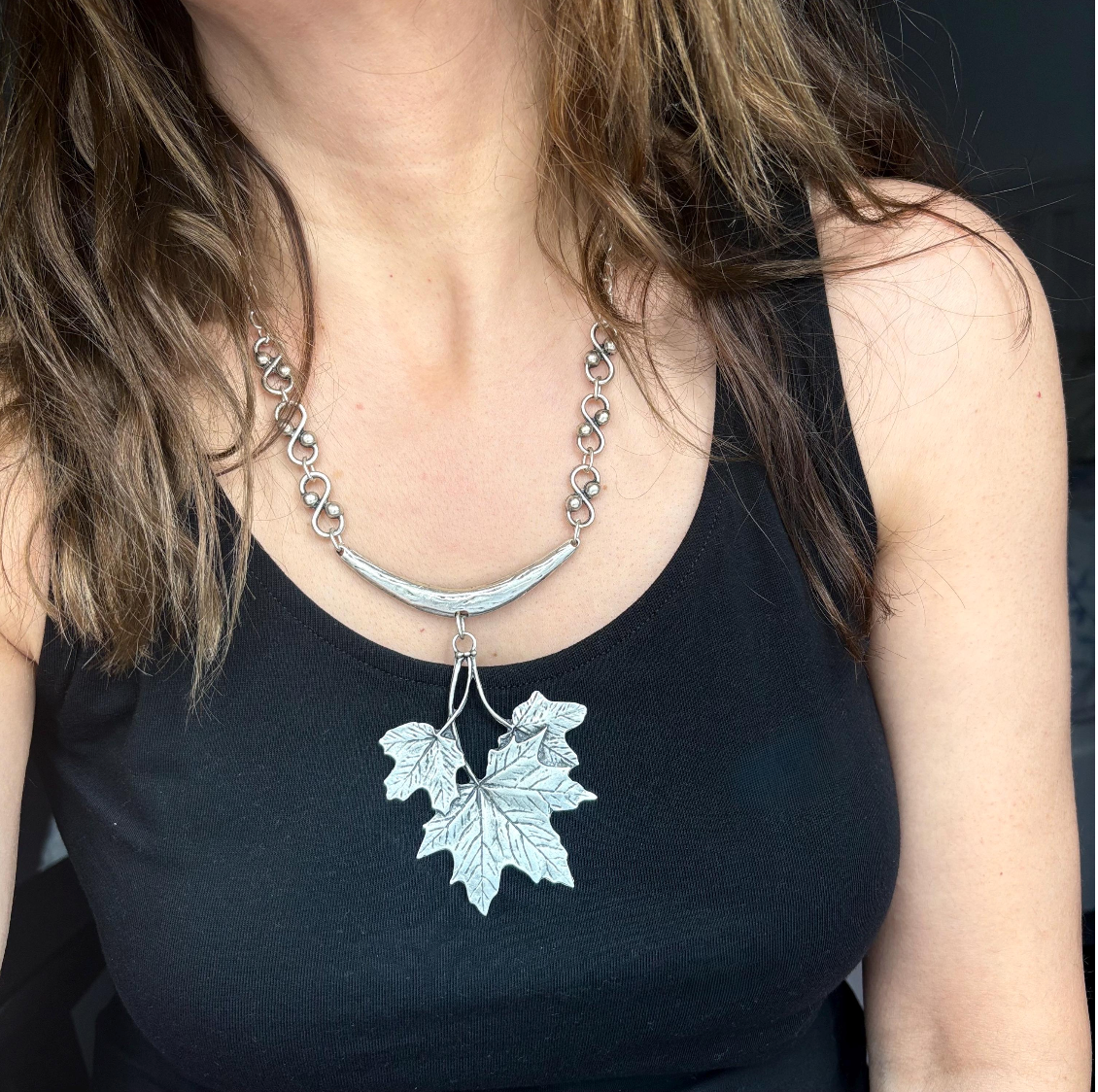 Silver Maple Leaf Necklace, Rustic Boho Pendant, Woodland Jewelry