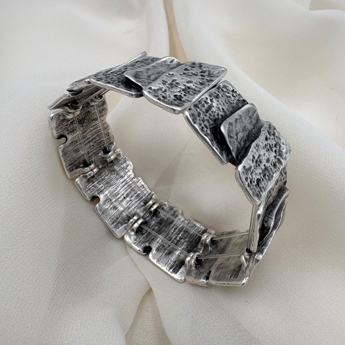 Hammered Silver Plated Stretch Bracelet, Chunky Rustic Link
