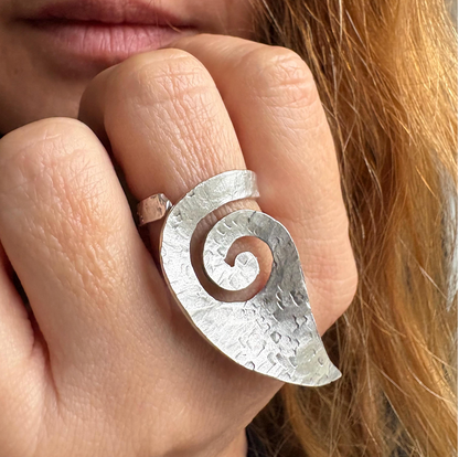 Hammered Silver Spiral Ring • Adjustable Artisan Statement Jewelry • Geometric Ring