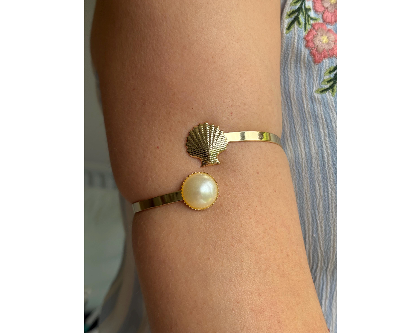 Boho Brass Arm Cuff: Shell and Faux Pearl Armlet