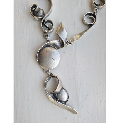 Abstract Silver Statement Necklace, Brutalist Art Deco Swirl Pendant