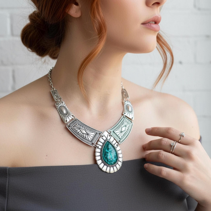 Bohemian Statement Necklace : Chunky Geometric Blue Enamel Festival Jewelry,  Silver Cord Necklace for her