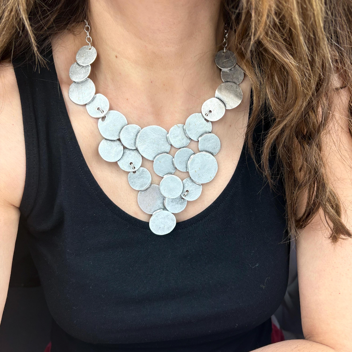 Brutalist Silver Plated Disc Necklace, Hammered Medallion Collar, Boho Bib Jewelry, Gift for Her