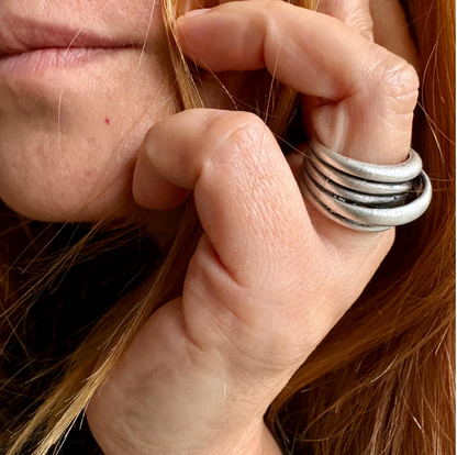 Hammered Silver Brutalist Ring, Adjustable Multi-Strand Wrap Band