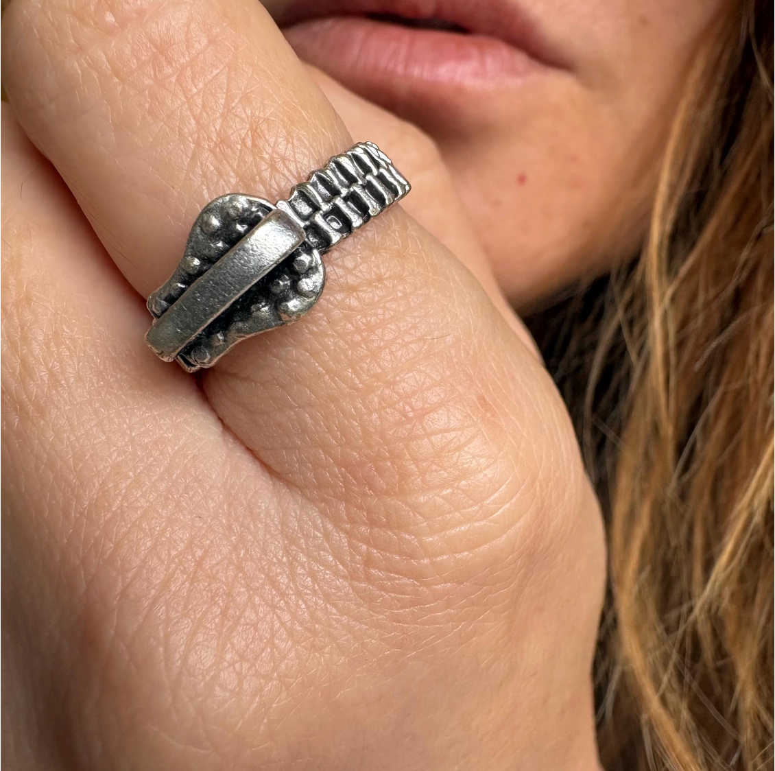 Antique Silver Zipper Ring • Industrial Steampunk Adjustable Band