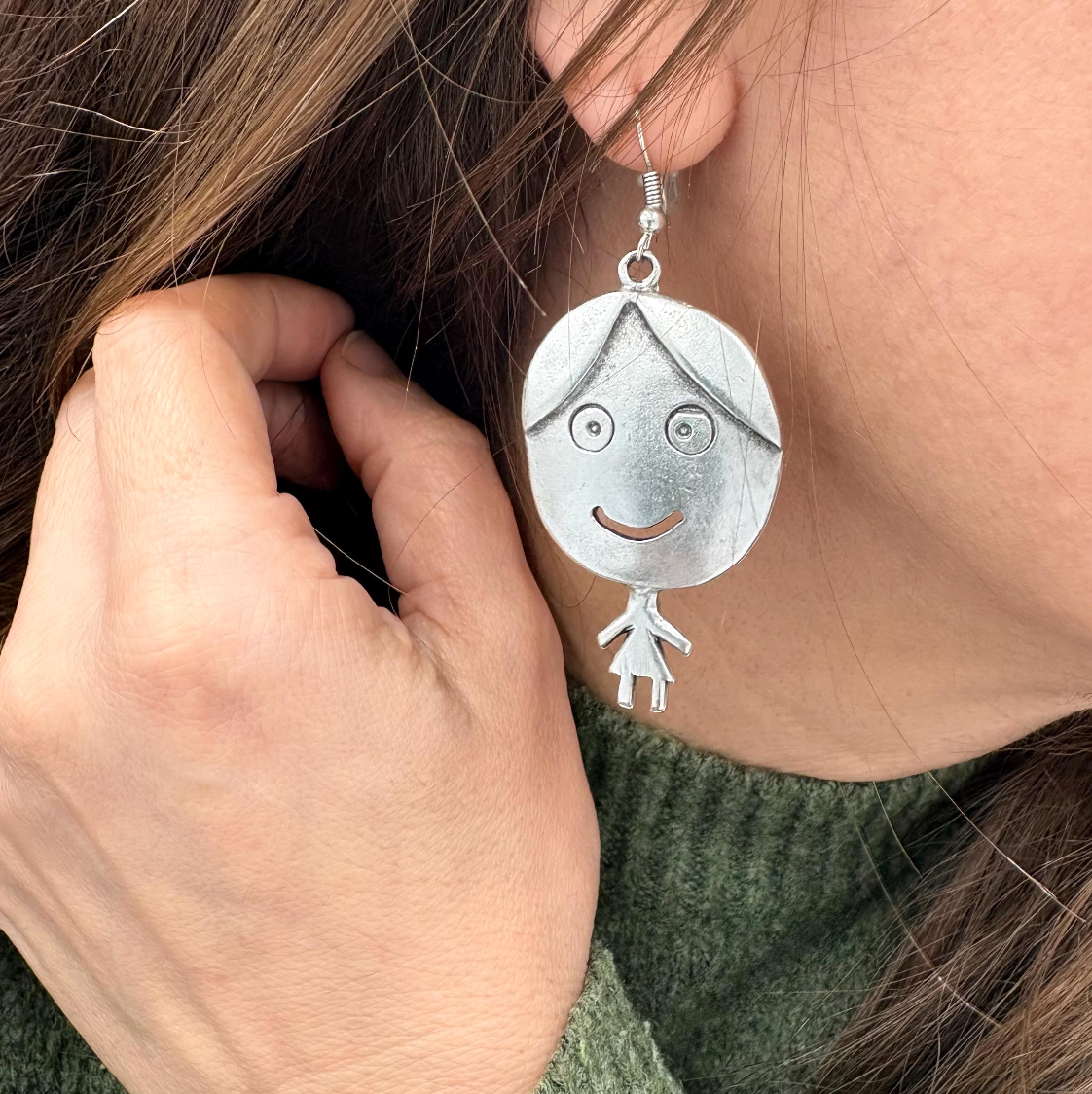 Vintage Silver Tone Smiling Boy and Girl Earrings | Whimsical Dangle Jewelry