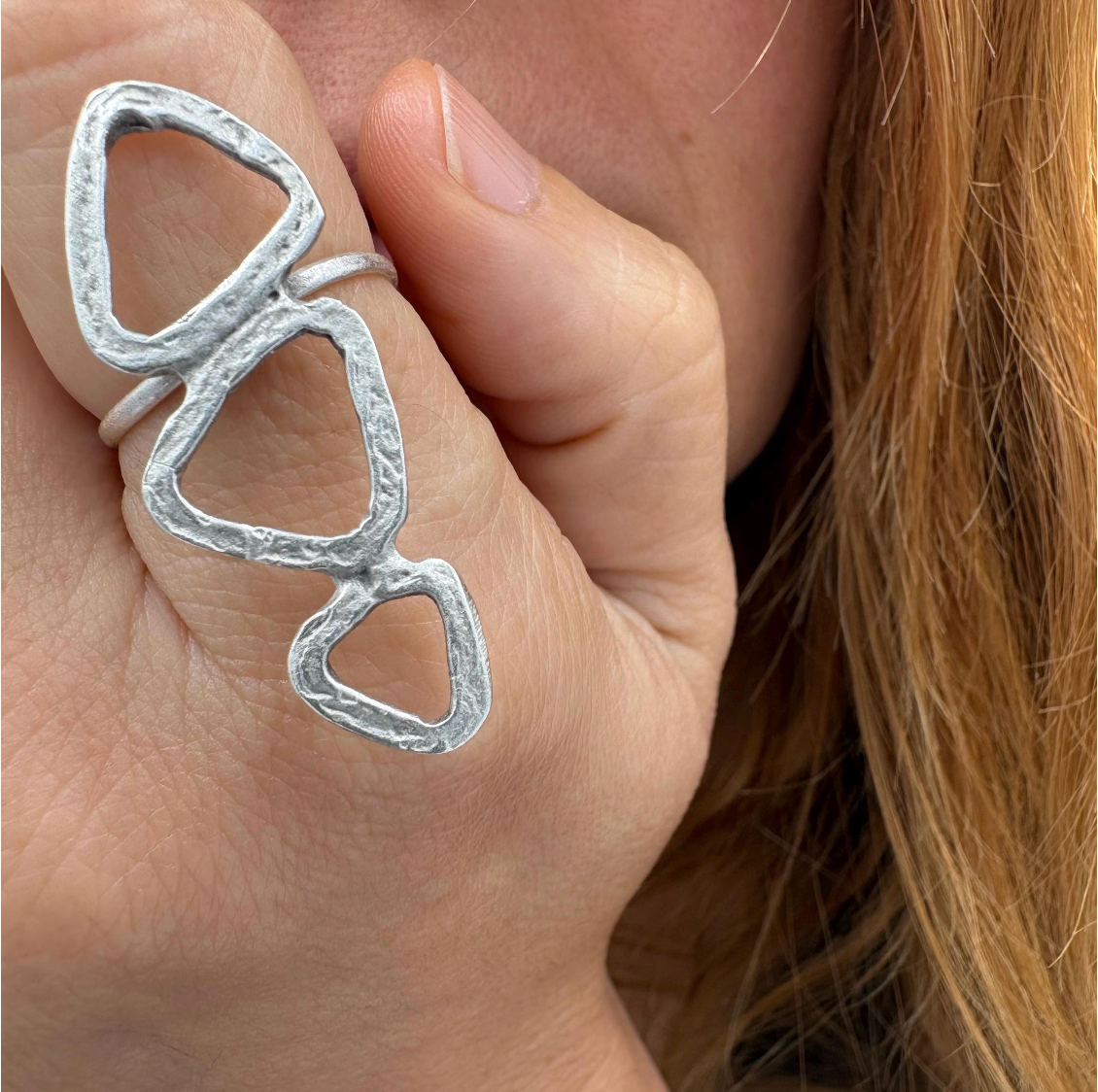 Abstract Geometric Brass Ring – Adjustable Open Band Ring, Lightweight, Nickel-Free Jewelry
