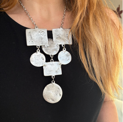Hammered Silver-Plated Bib Necklace, Brutalist Southwestern Statement Collar