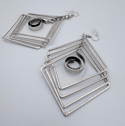 Brutalist Silver Plated Earrings, Geometric Dangle, Architectural Jewelry
