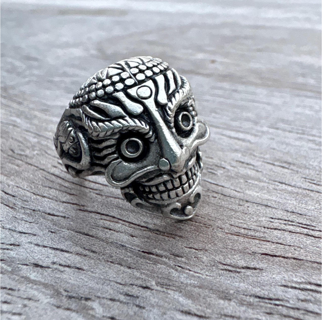 Gothic Mask Ring • Silver Plated Brass, Adjustable Boho Punk Band