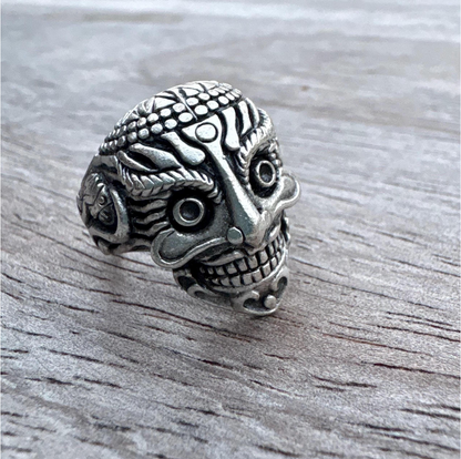Gothic Mask Ring • Silver Plated Brass, Adjustable Boho Punk Band