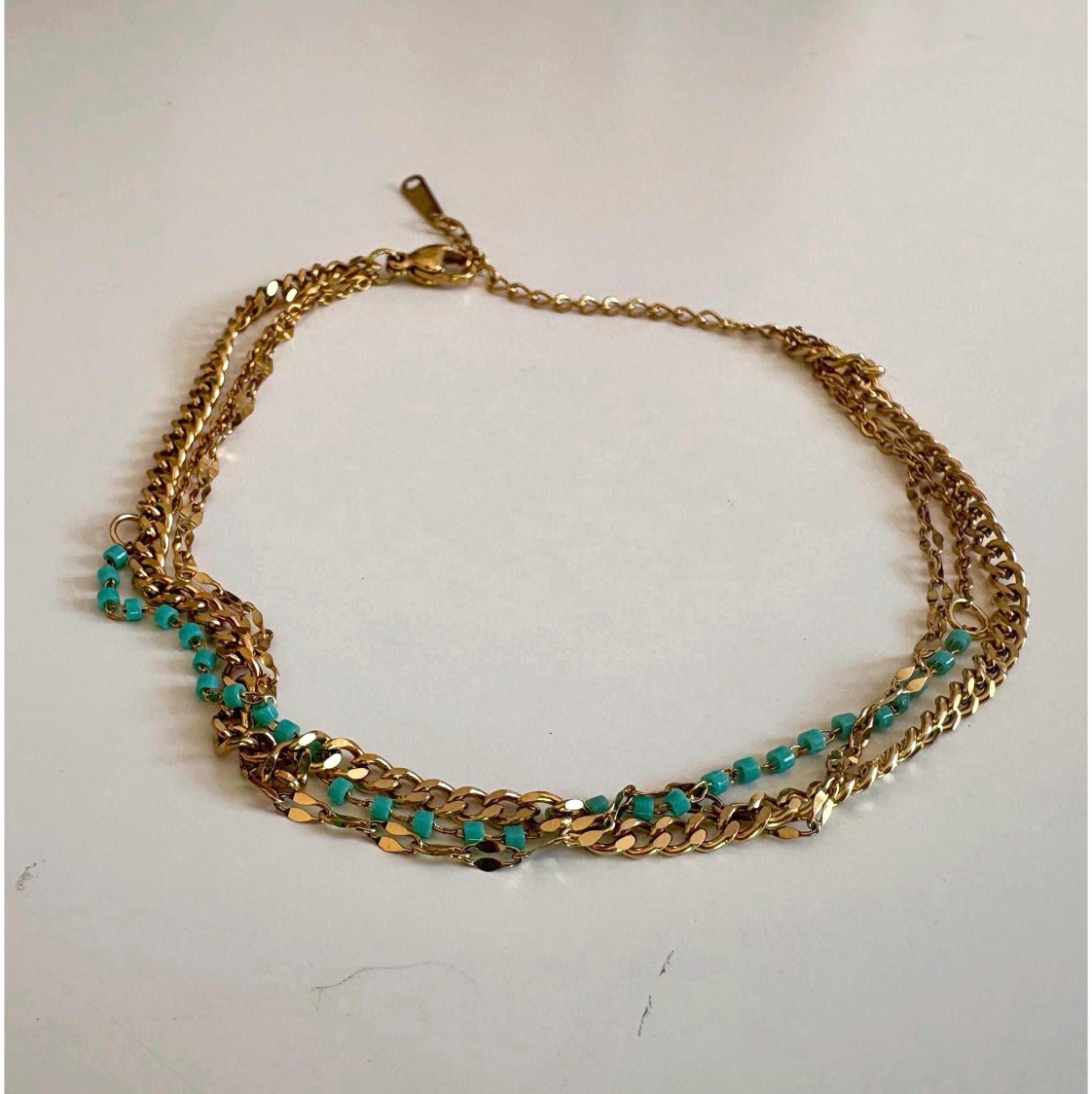 Layered Stainless Steel Anklet: Turquoise Beads, Adjustable Beach Jewelry