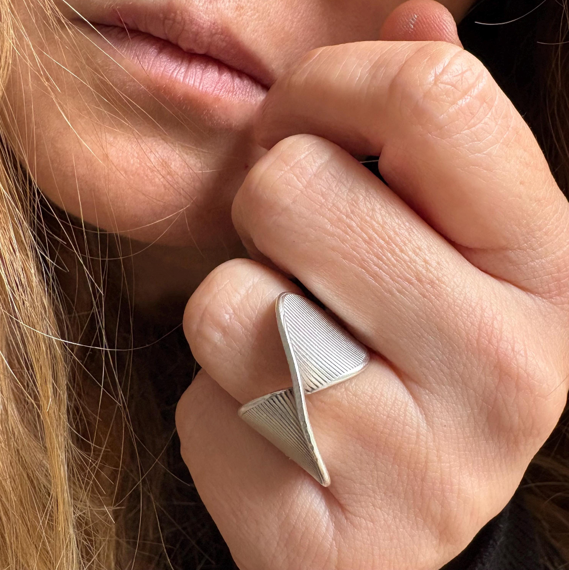 Silver Plated Brass Crossover Ring • Ribbed Geometric Adjustable Band