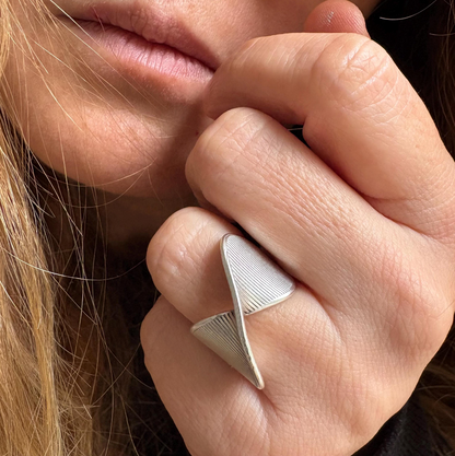 Silver Plated Brass Crossover Ring • Ribbed Geometric Adjustable Band