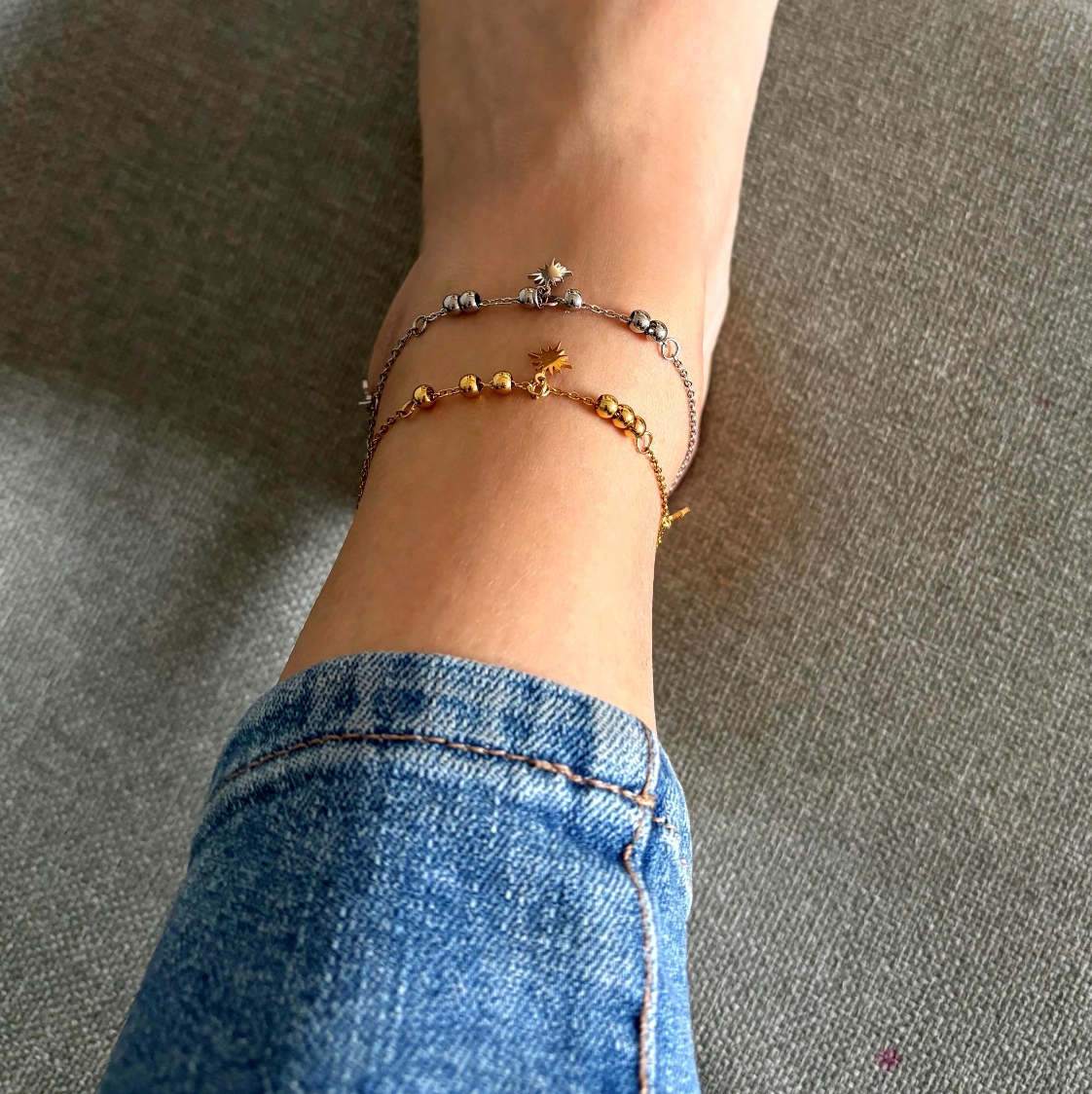 Gold Sun Charm Anklet: Beaded Stainless Steel Ankle Bracelet