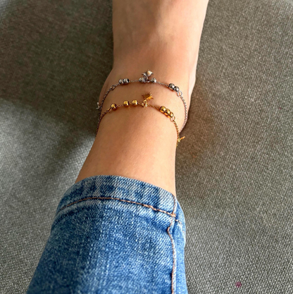 Gold Sun Charm Anklet: Beaded Stainless Steel Ankle Bracelet