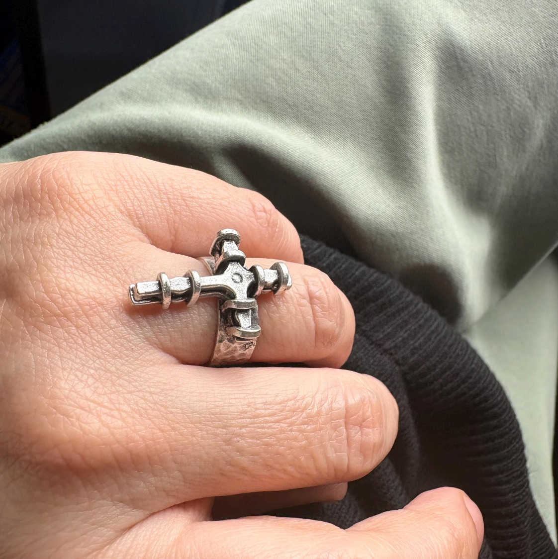 Adjustable Cross Ring, Silver Plated Brass, Gothic Brutalist Style, Unisex Ring