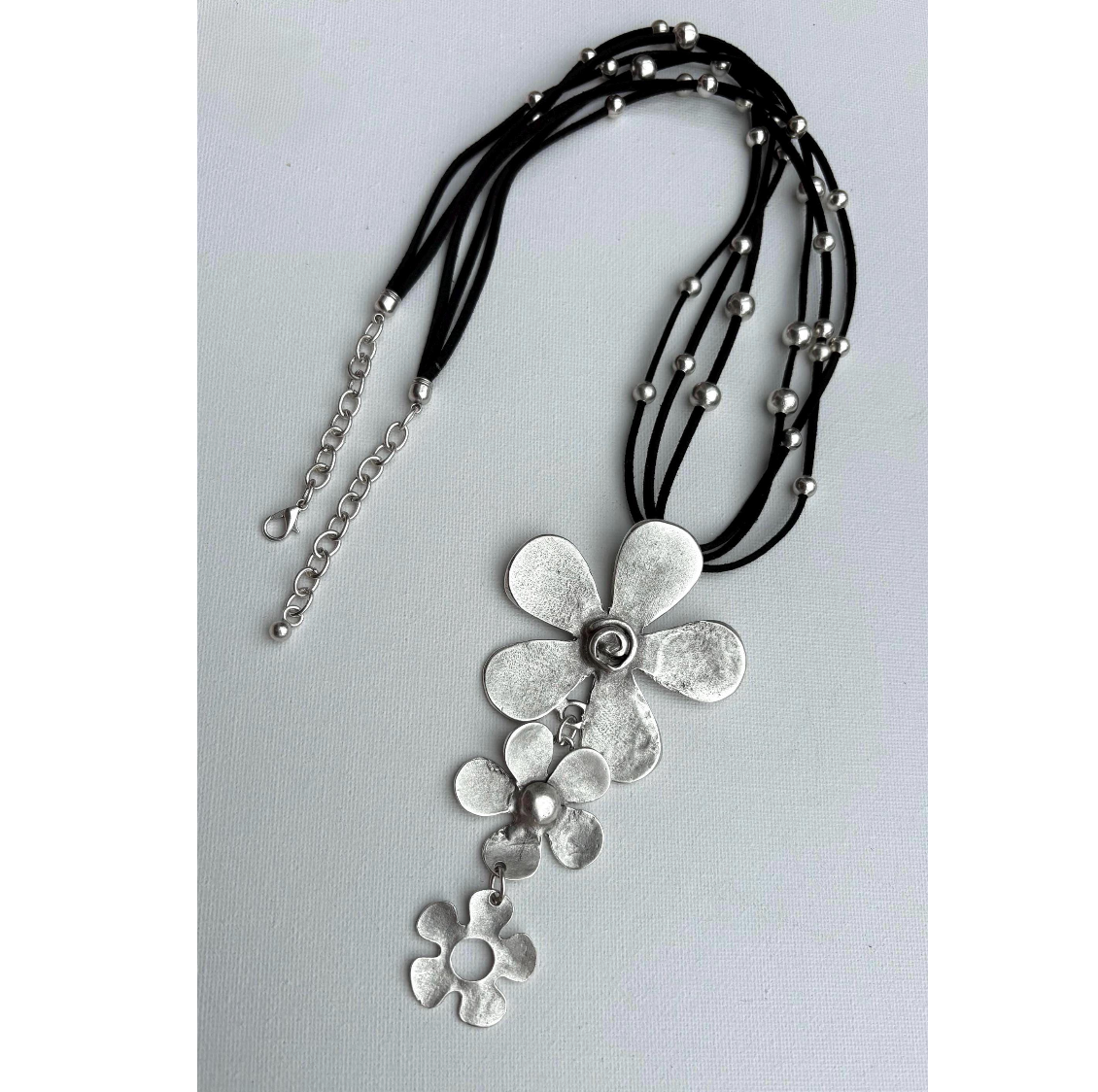 Brutalist Boho Flower Pendant Necklace, Antique Silver, Adjustable Cord