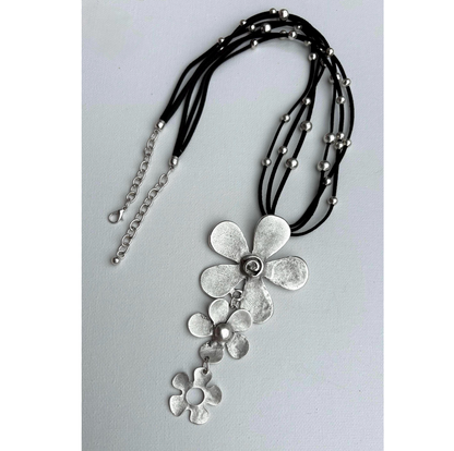 Brutalist Boho Flower Pendant Necklace, Antique Silver, Adjustable Cord