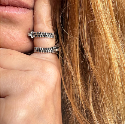 Antique Silver Zipper Ring • Industrial Steampunk Adjustable Band