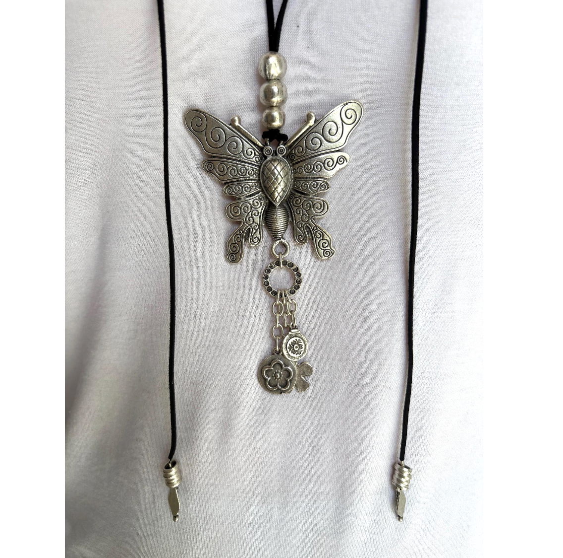 Butterfly Pendant Necklace | Boho Vintage-inspired necklace, Adjustable Long Cord Jewellery, Silver Plated Brass Jewelry