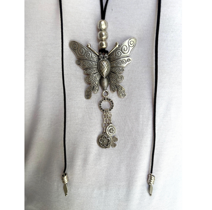 Butterfly Pendant Necklace | Boho Vintage-inspired necklace, Adjustable Long Cord Jewellery, Silver Plated Brass Jewelry