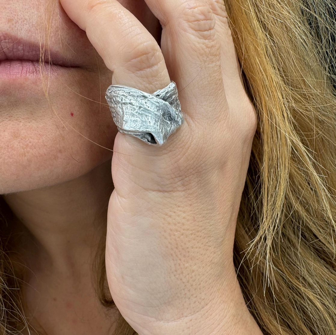Chunky Abstract Silver Ring | Irregular Textured Lava Design | Adjustable Statement Ring