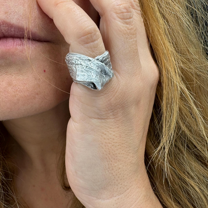 Chunky Abstract Silver Ring | Irregular Textured Lava Design | Adjustable Statement Ring