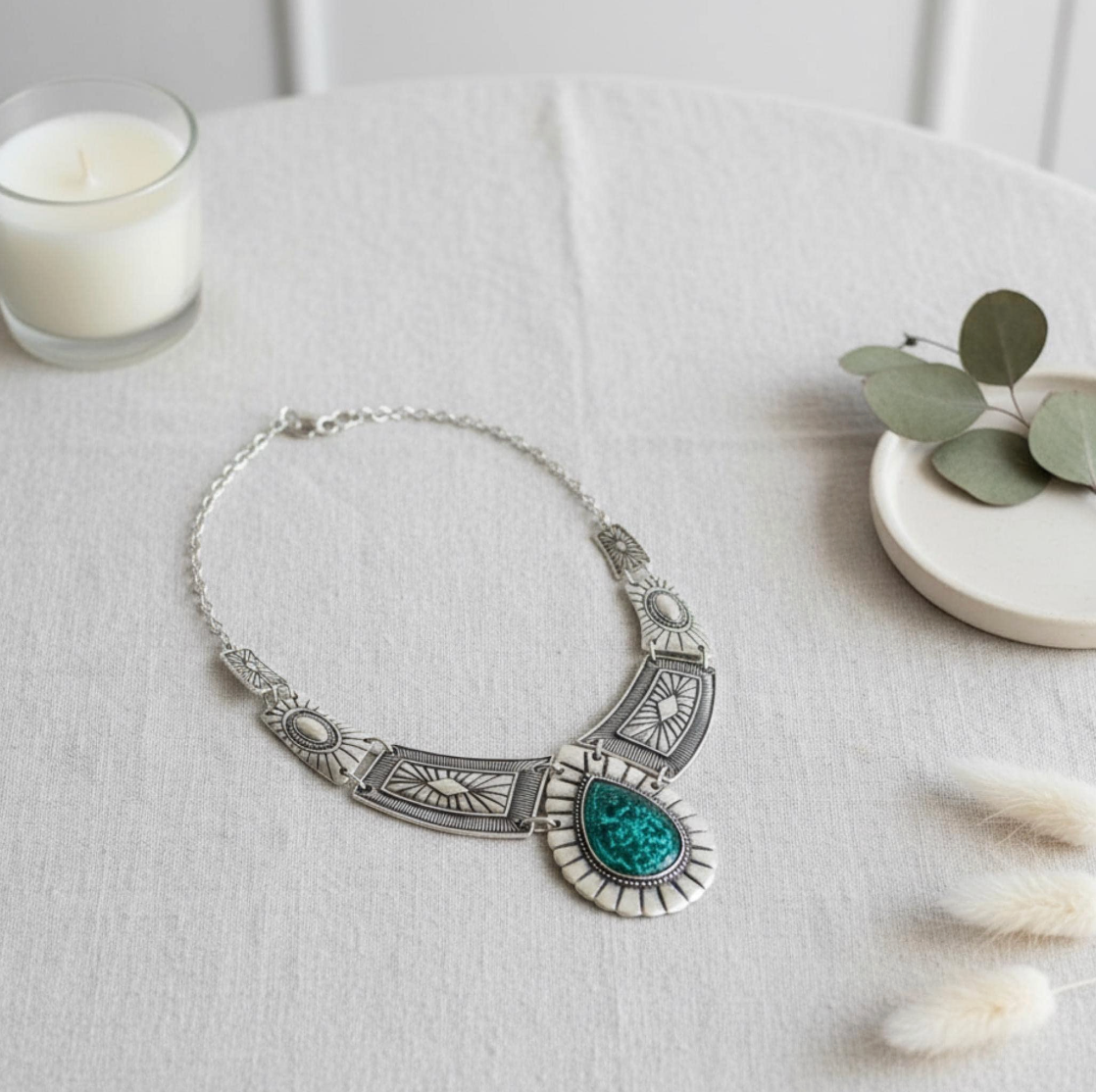 Bohemian Statement Necklace : Chunky Geometric Blue Enamel Festival Jewelry,  Silver Cord Necklace for her